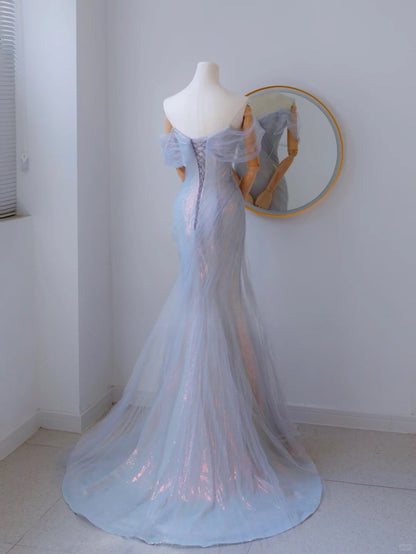 Sexy Mermaid Off The Shoulder Lilac With Short Sleeves Beads Long Prom Dresses Formal Party Dress Prom Gown AU134