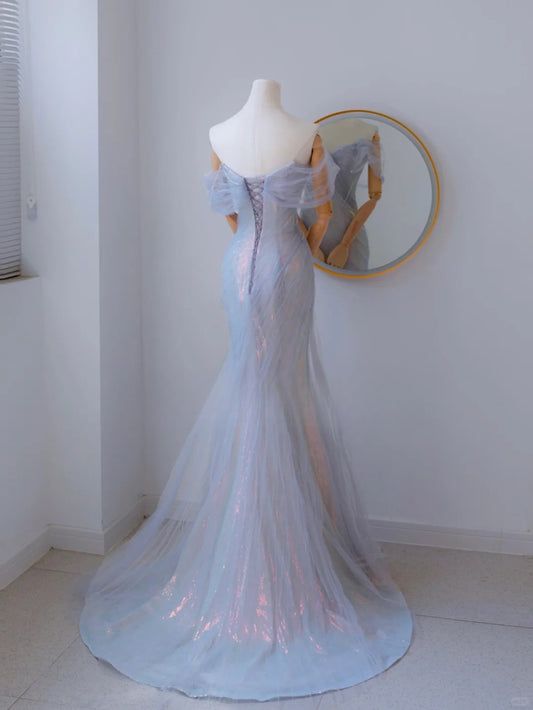 Sexy Mermaid Off The Shoulder Lilac With Short Sleeves Beads Long Prom Dresses Formal Party Dress Prom Gown AU134