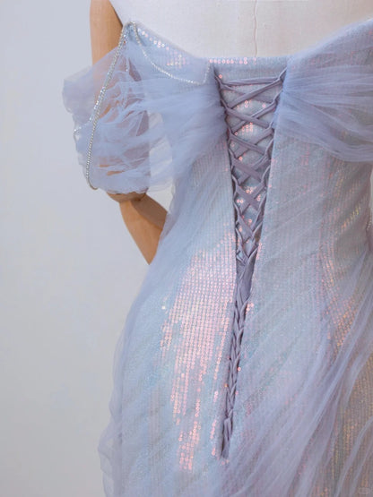 Sexy Mermaid Off The Shoulder Lilac With Short Sleeves Beads Long Prom Dresses Formal Party Dress Prom Gown AU134