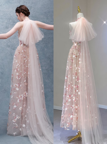 Modest A Line Halter Sleeveless Pink Floral Tulle Prom Dresses Inspiration Prom Dress Princess Party Birthday Outfits AU135