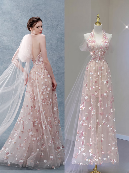 Modest A Line Halter Sleeveless Pink Floral Tulle Prom Dresses Inspiration Prom Dress Princess Party Birthday Outfits AU135