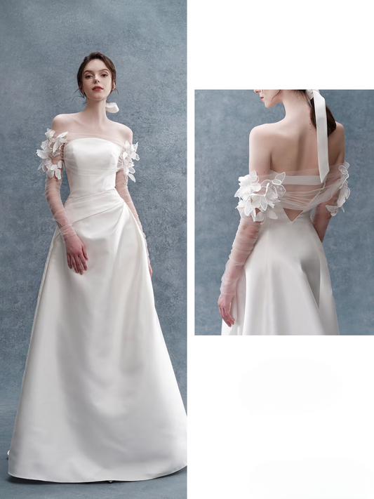 Dream A line Strapless Satin White Wedding Dress With Long Sleeves Fairy Formal Wedding Dresses A136