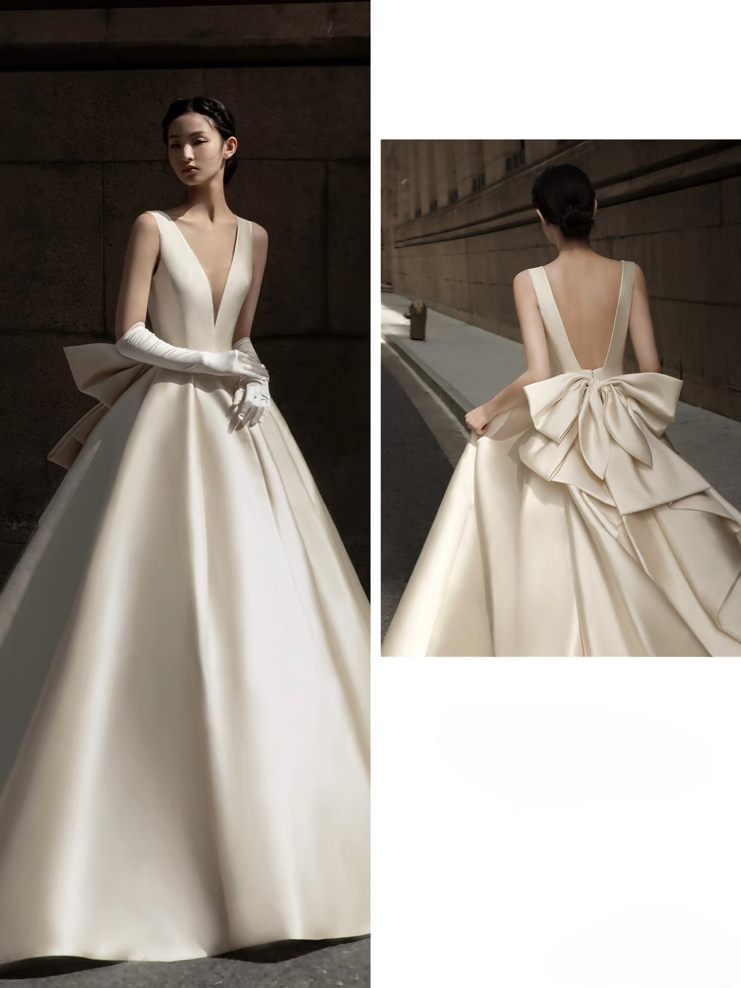 Dream Ball Gown V Neck Sleeveless Satin White Wedding Dress Fairy Formal Brides Gown Wedding Dresses AU138