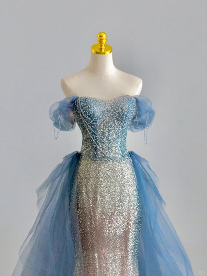 Pretty Mermaid Off The Shoulder Multi Colors Blue Pink Sequined Prom Dresses Long Evening Party Formal Outfits RB6603