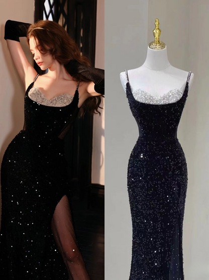 Sexy Mermaid Spaghetti Straps Black Sequin Prom Dress Inspiration Long Party Formal Prom Dresses AU140