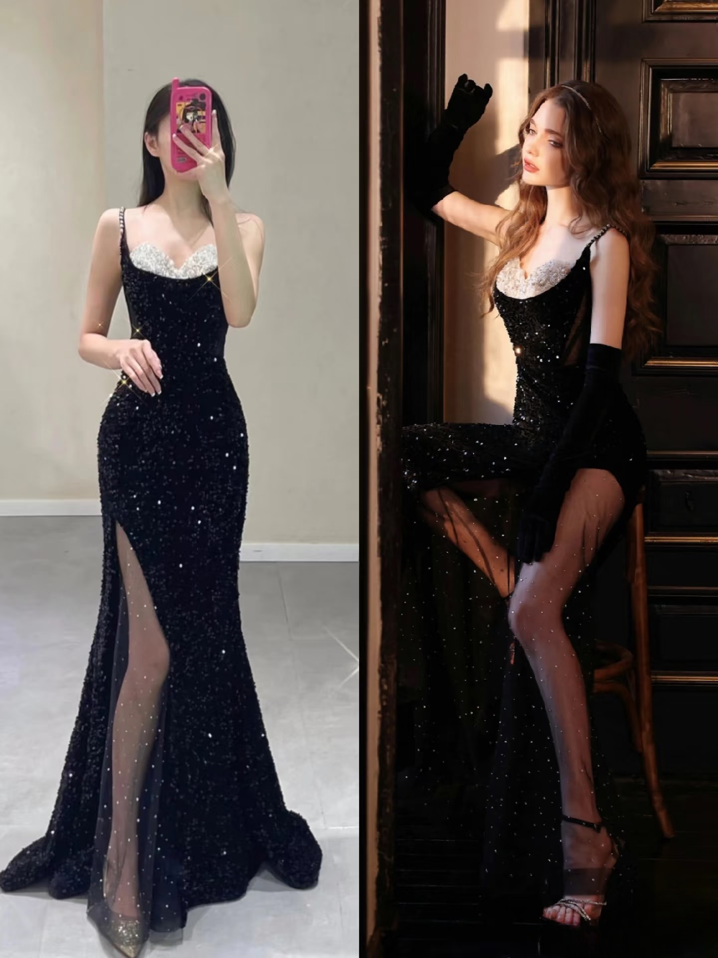 Sexy Mermaid Spaghetti Straps Black Sequin Prom Dress Inspiration Long Party Formal Prom Dresses AU140