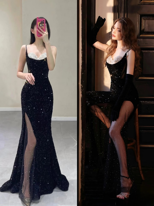 Sexy Mermaid Spaghetti Straps Black Sequin Prom Dress Inspiration Long Party Formal Prom Dresses AU140