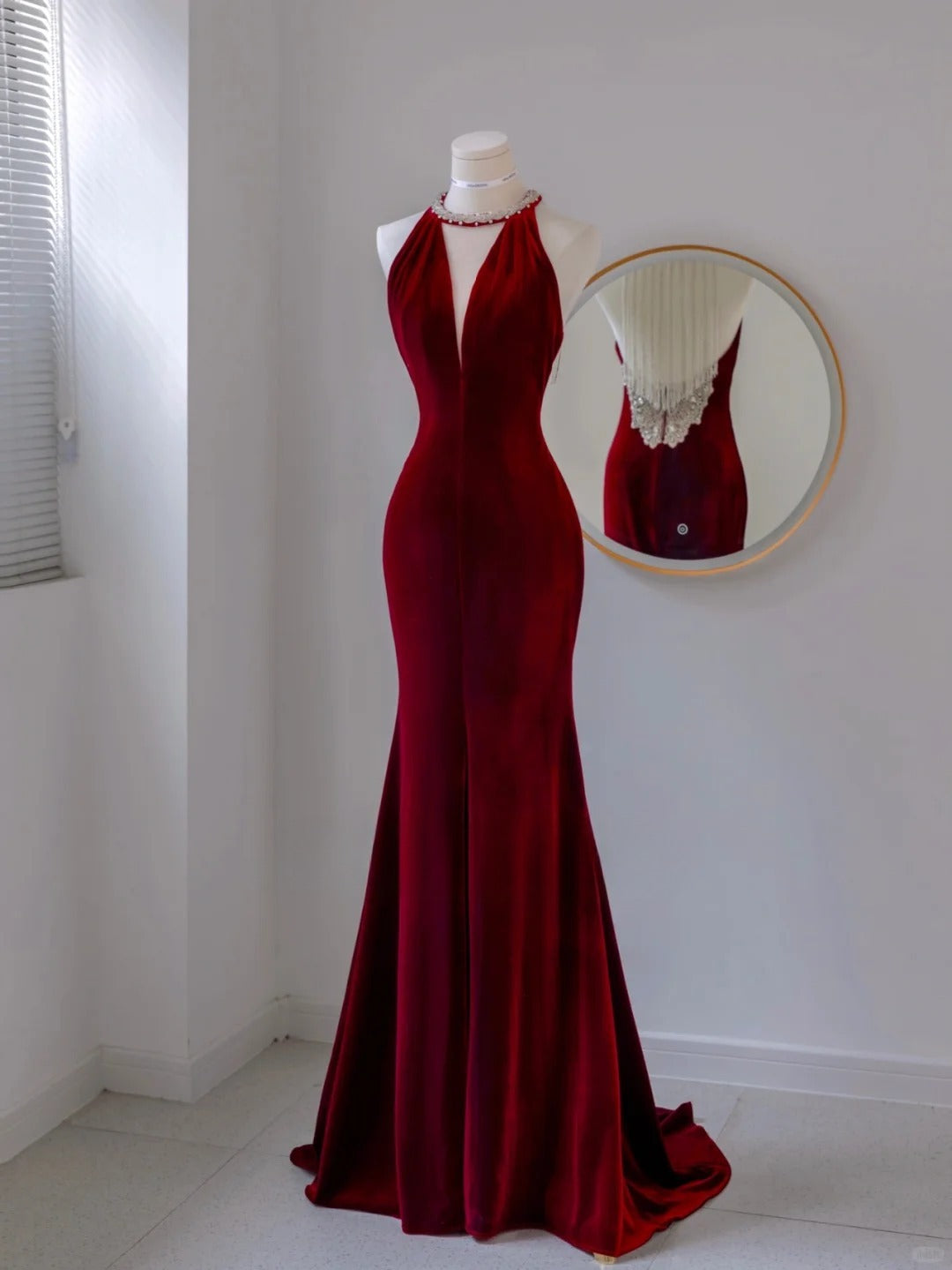 Simple Mermaid Scoop Neck Wine Red Velvet Backless Long Prom Dresses Formal Party Dress Prom Gown AU142