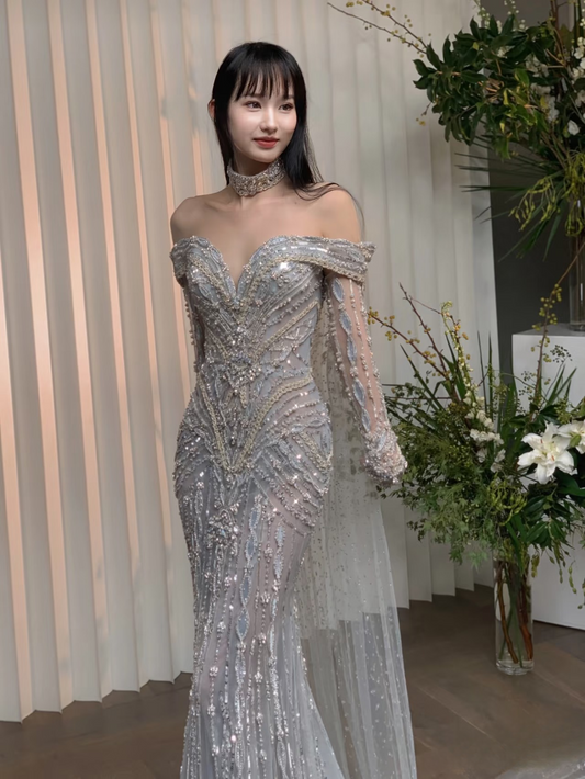 Stunning Mermaid Off The Shoulder Silver Sequin Prom Dresses 2026 Inspiration Prom Dress Princess Graduation Dress AU143