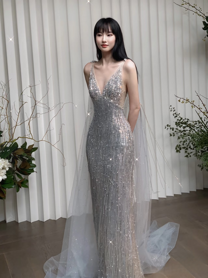 Elegant Mermaid V Neck Silver Sequin Sparkly Floor Length Prom Dress Inspiration Long Prom Dresses AU143