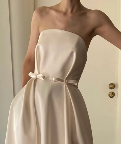 Dream Ball Gown Strapless Ivory Sleeveless Satin Wedding Dress With Bow Fairy Formal Brides Gown Wedding Dresses AU144