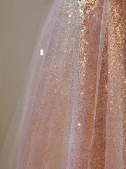Cute A Line Off The Shoulder Blush Pink Sequin With Short Sleeves Long Prom Dresses Formal Party Dress Prom Gown AU144