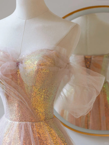 Cute A Line Off The Shoulder Blush Pink Sequin With Short Sleeves Long Prom Dresses Formal Party Dress Prom Gown AU144