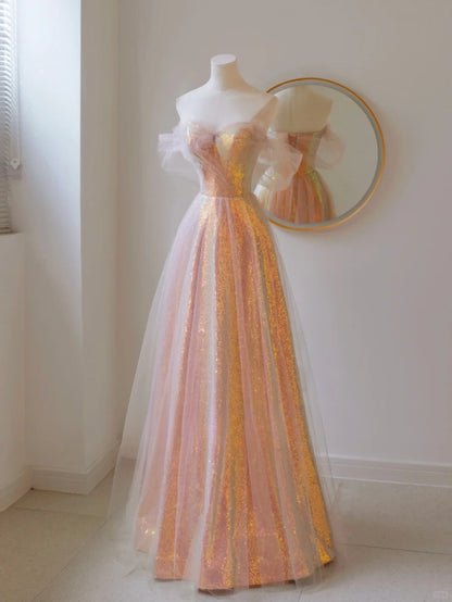 Cute A Line Off The Shoulder Blush Pink Sequin With Short Sleeves Long Prom Dresses Formal Party Dress Prom Gown AU144