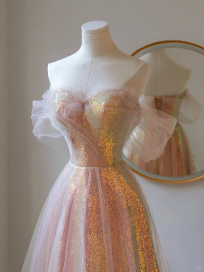 Cute A Line Off The Shoulder Blush Pink Sequin With Short Sleeves Long Prom Dresses Formal Party Dress Prom Gown AU144