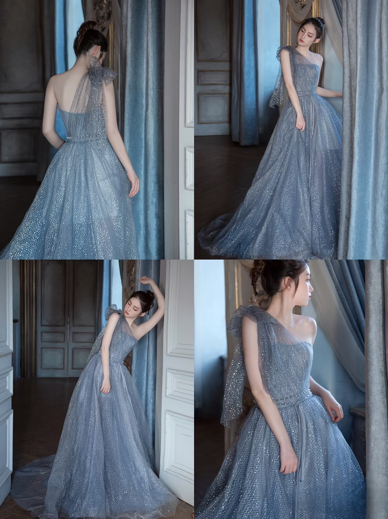 Elegant Ball Gown One Shoulder Dusty Blue Long Prom Dresses Unique Party Formal Graduation Dress AU146