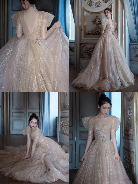 Elegant Ball Gown V Neck Tulle Champagne Long Prom Dresses Unique Party Formal Graduation Dress AU146