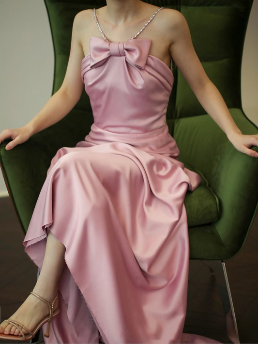 Timeless A line Halter Pink Satin Long Prom Dresses Party Dress Birthday Outfits Graduation Dress AU149