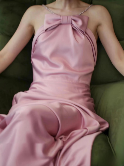 Timeless A line Halter Pink Satin Long Prom Dresses Party Dress Birthday Outfits Graduation Dress AU149