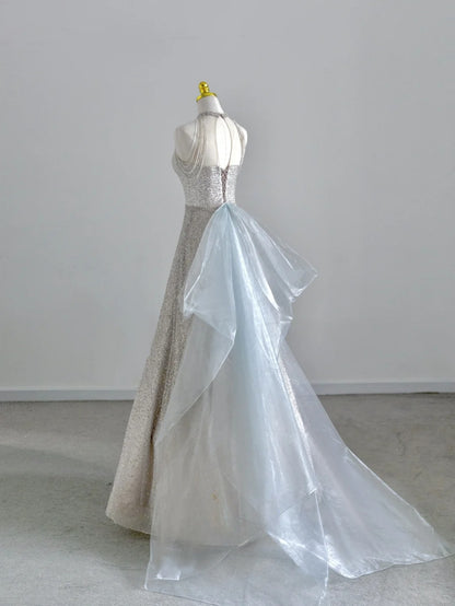 Shinning Ball Gown Halter Silver Gray Sequin Prom Dresses Long Evening Party Formal Outfits RB6610