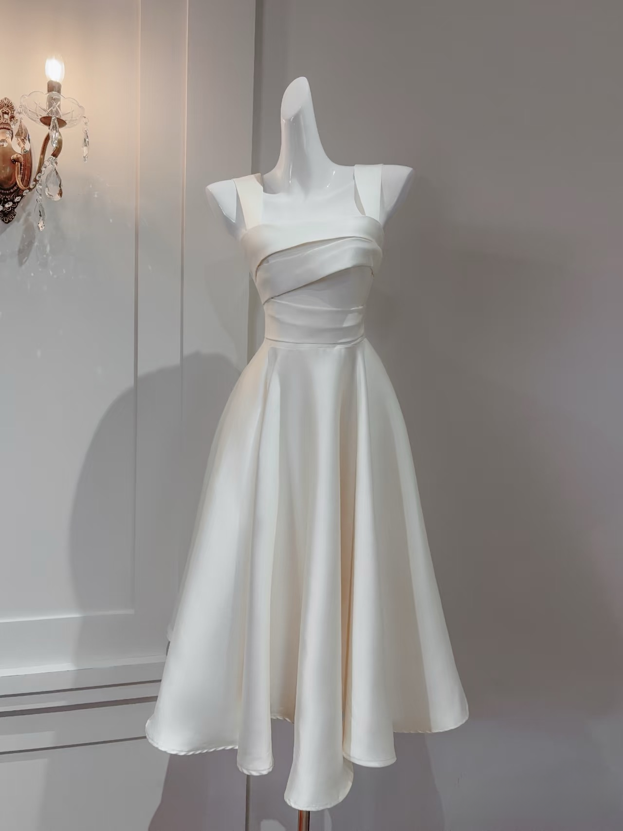 Elegant A Line Square Neck White Satin Tea Length Prom Dresses Party Gowns AU150