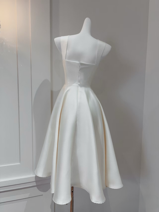 Elegant A Line Square Neck White Satin Tea Length Prom Dresses Party Gowns AU150