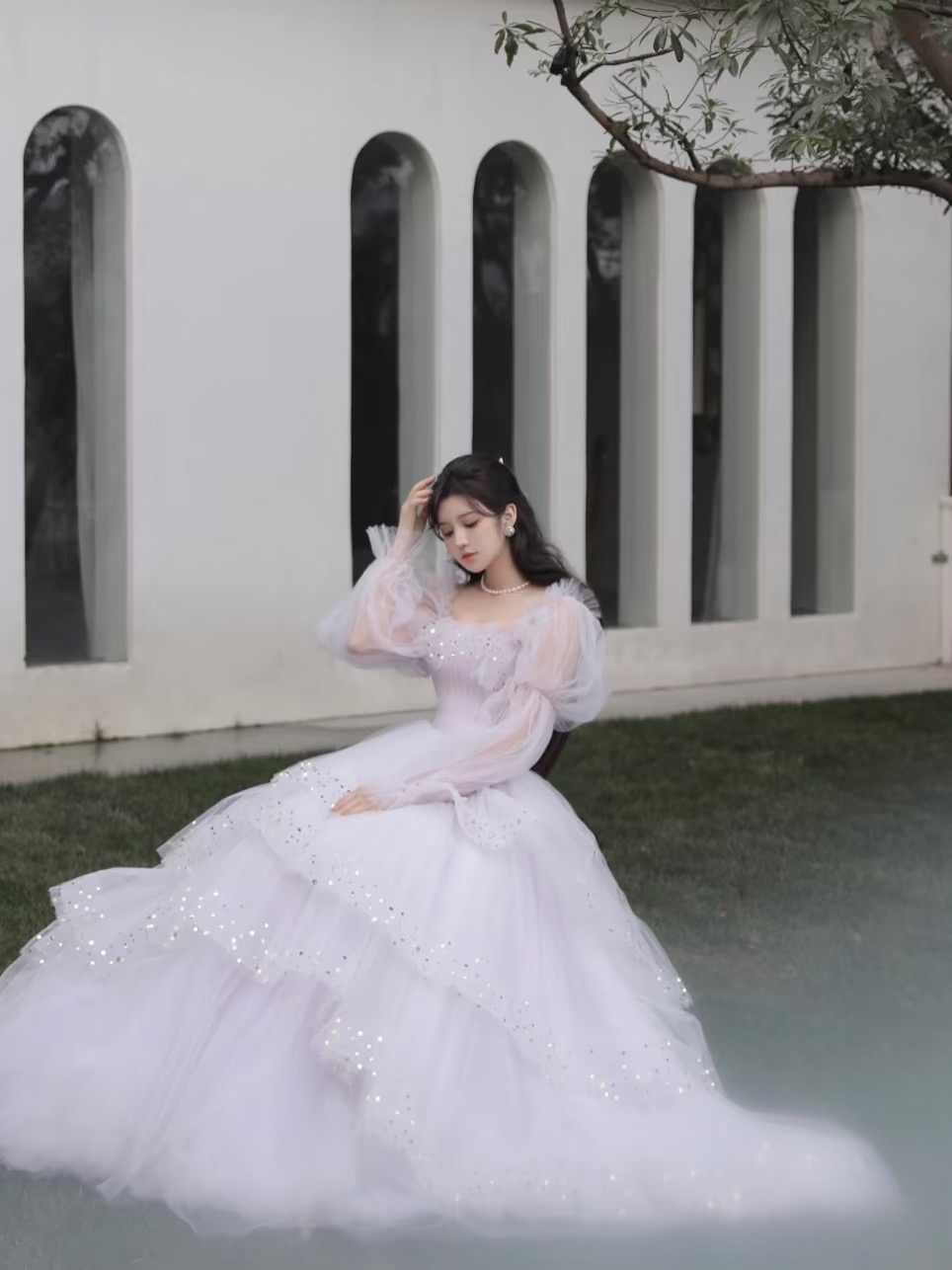 Elegant Ball Gown Square Neck Lilac Long Sleeves Prom Dresses Unique Party Formal Graduation Dress AU146