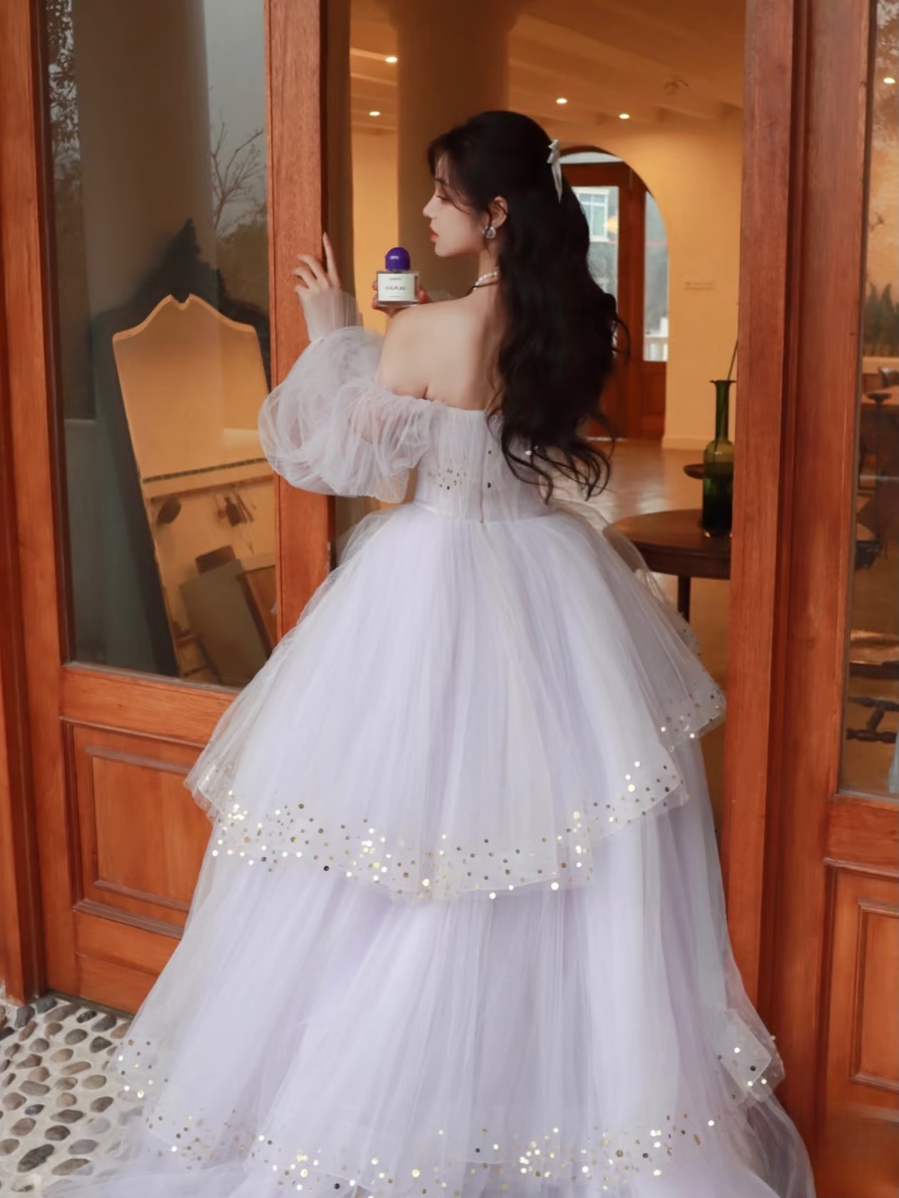 Elegant Ball Gown Square Neck Lilac Long Sleeves Prom Dresses Unique Party Formal Graduation Dress AU146