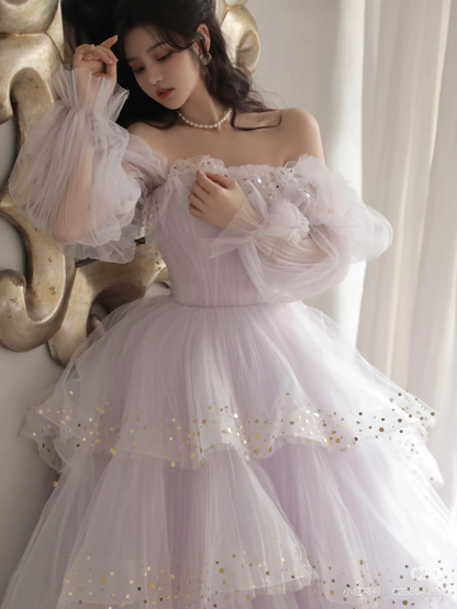 Elegant Ball Gown Square Neck Lilac Long Sleeves Prom Dresses Unique Party Formal Graduation Dress AU146