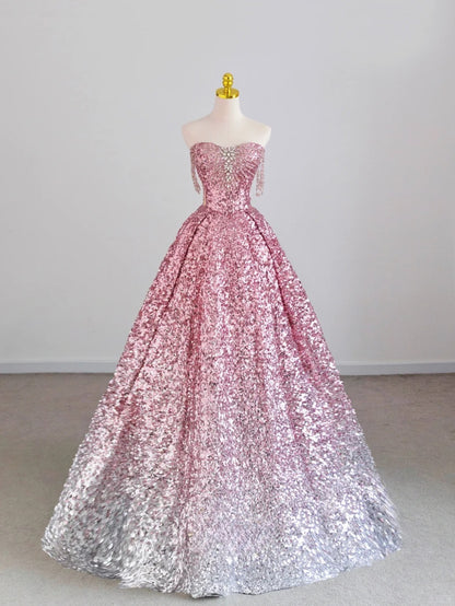 Glitter Ball Gown Sweetheart Pink Silver Sequined Prom Dresses Long Evening Party Formal Outfits RB6612