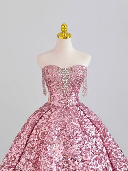 Glitter Ball Gown Sweetheart Pink Silver Sequined Prom Dresses Long Evening Party Formal Outfits RB6612