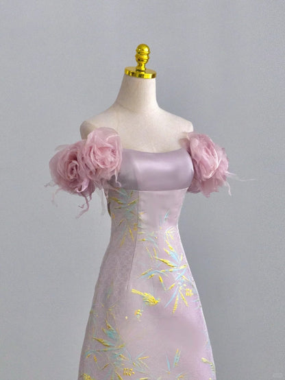 Pretty A line Off The Shoulder Pink With Flowers Prom Dresses Long Evening Party Formal Outfits RB6613