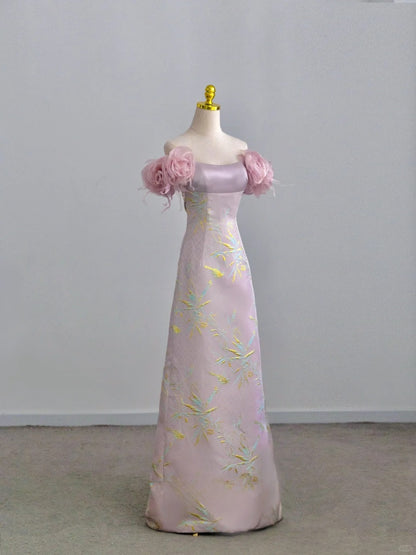 Pretty A line Off The Shoulder Pink With Flowers Prom Dresses Long Evening Party Formal Outfits RB6613