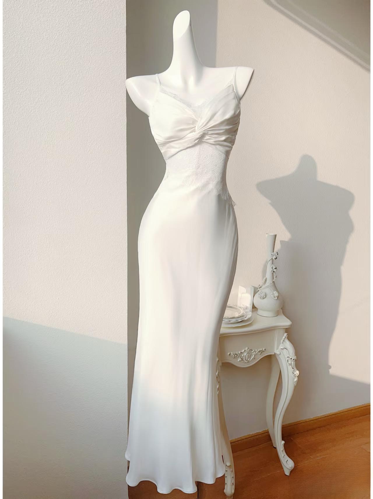 Modest long mermaid spaghetti straps white silk satin prom dress Formal Party Gown AU153