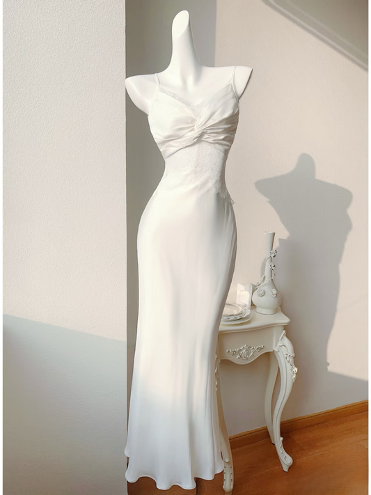 Modest long mermaid spaghetti straps white silk satin prom dress Formal Party Gown AU153