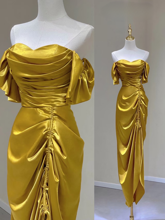 Timeless Sheath Off The Shoulder Gold Satin Long Prom Dresses Party Dress Birthday Outfits Graduation Dress AU154