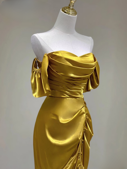 Timeless Sheath Off The Shoulder Gold Satin Long Prom Dresses Party Dress Birthday Outfits Graduation Dress AU154