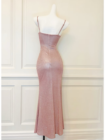 Modest long mermaid spaghetti straps pink sequins  prom dress Formal Party Gown AU154
