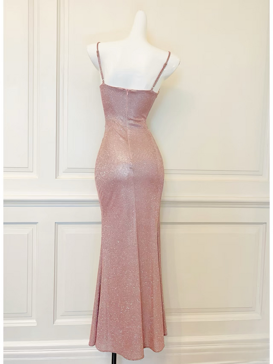 Modest long mermaid spaghetti straps pink sequins  prom dress Formal Party Gown AU154