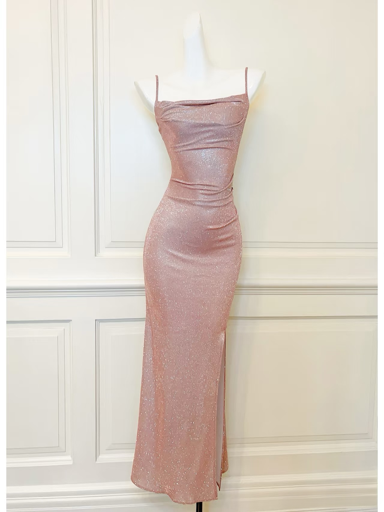 Modest long mermaid spaghetti straps pink sequins  prom dress Formal Party Gown AU154