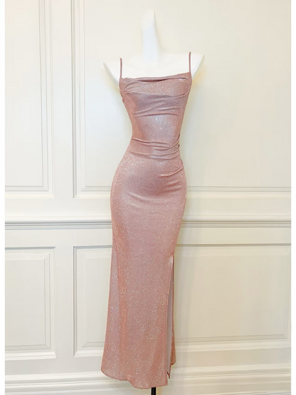 Modest long mermaid spaghetti straps pink sequins  prom dress Formal Party Gown AU154