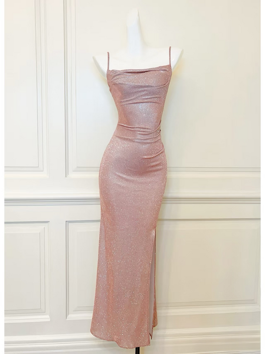 Modest long mermaid spaghetti straps pink sequins  prom dress Formal Party Gown AU154