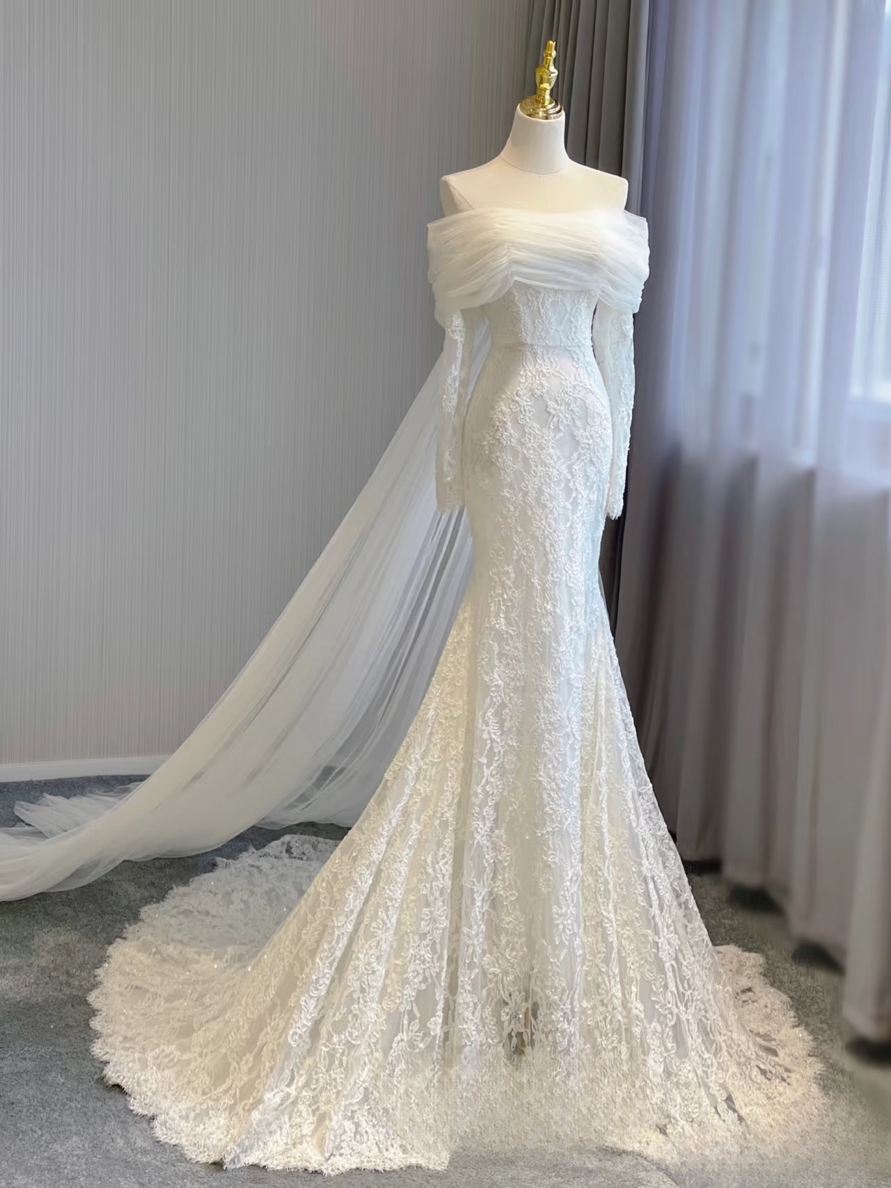 Dream Mermaid Off The Shoulder Long Sleeves Lace White Wedding Dress Fairy Formal Brides Gown Wedding Dresses AU155