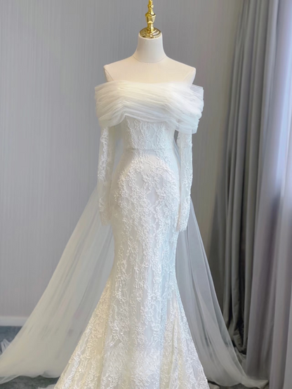 Dream Mermaid Off The Shoulder Long Sleeves Lace White Wedding Dress Fairy Formal Brides Gown Wedding Dresses AU155