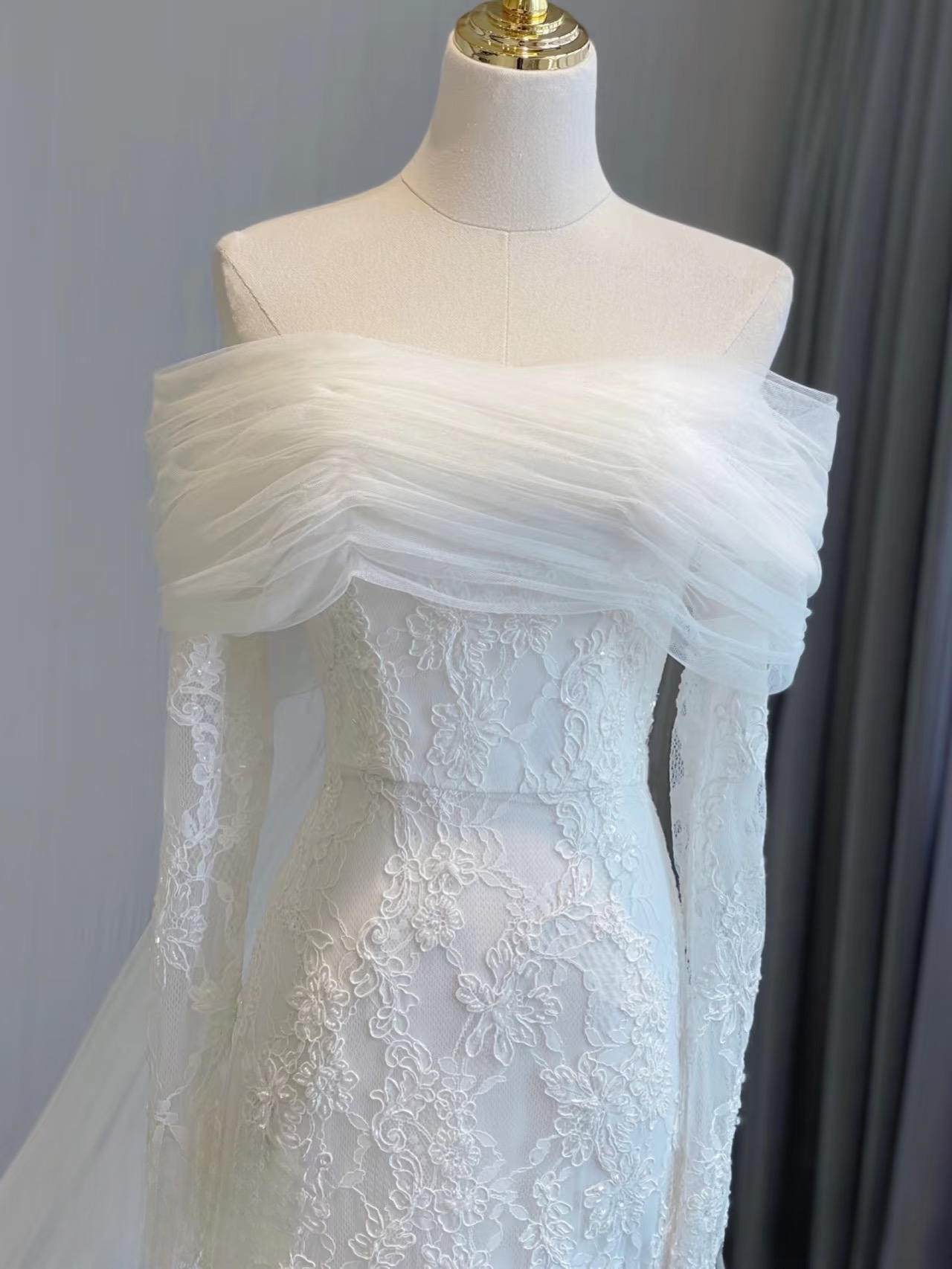 Dream Mermaid Off The Shoulder Long Sleeves Lace White Wedding Dress Fairy Formal Brides Gown Wedding Dresses AU155