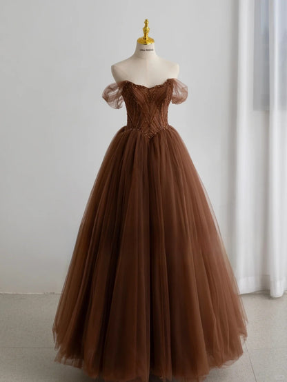 Modest Ball Gown Sweetheart Tulle Brown Prom Dresses Long Sweet 16 Birthday Party Dress Evening Dresses AU155