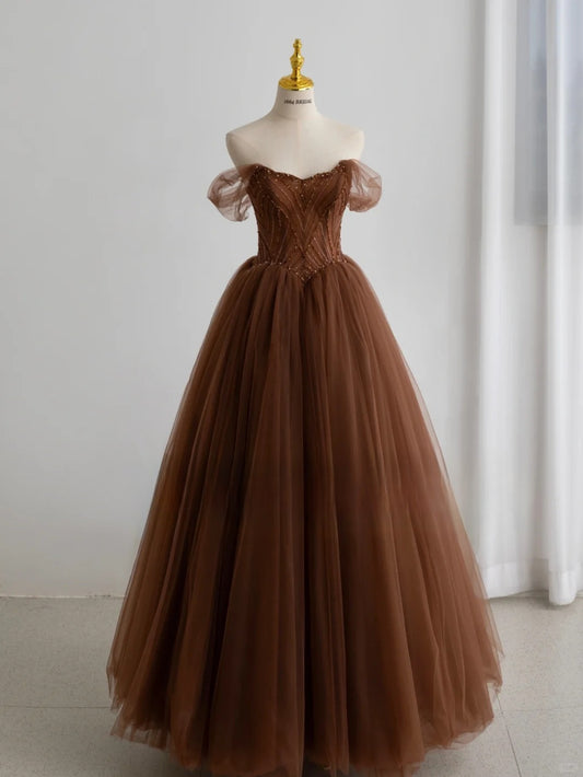 Modest Ball Gown Sweetheart Tulle Brown Prom Dresses Long Sweet 16 Birthday Party Dress Evening Dresses AU155