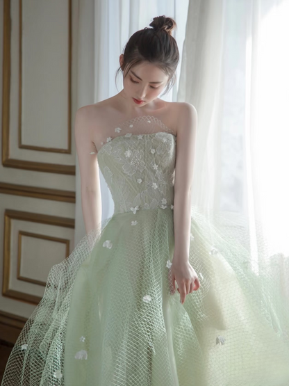 Elegant High Low Strapless Mint Green Tulle Prom Dresses Unique Party Formal Graduation Dress AU156