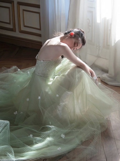 Elegant High Low Strapless Mint Green Tulle Prom Dresses Unique Party Formal Graduation Dress AU156