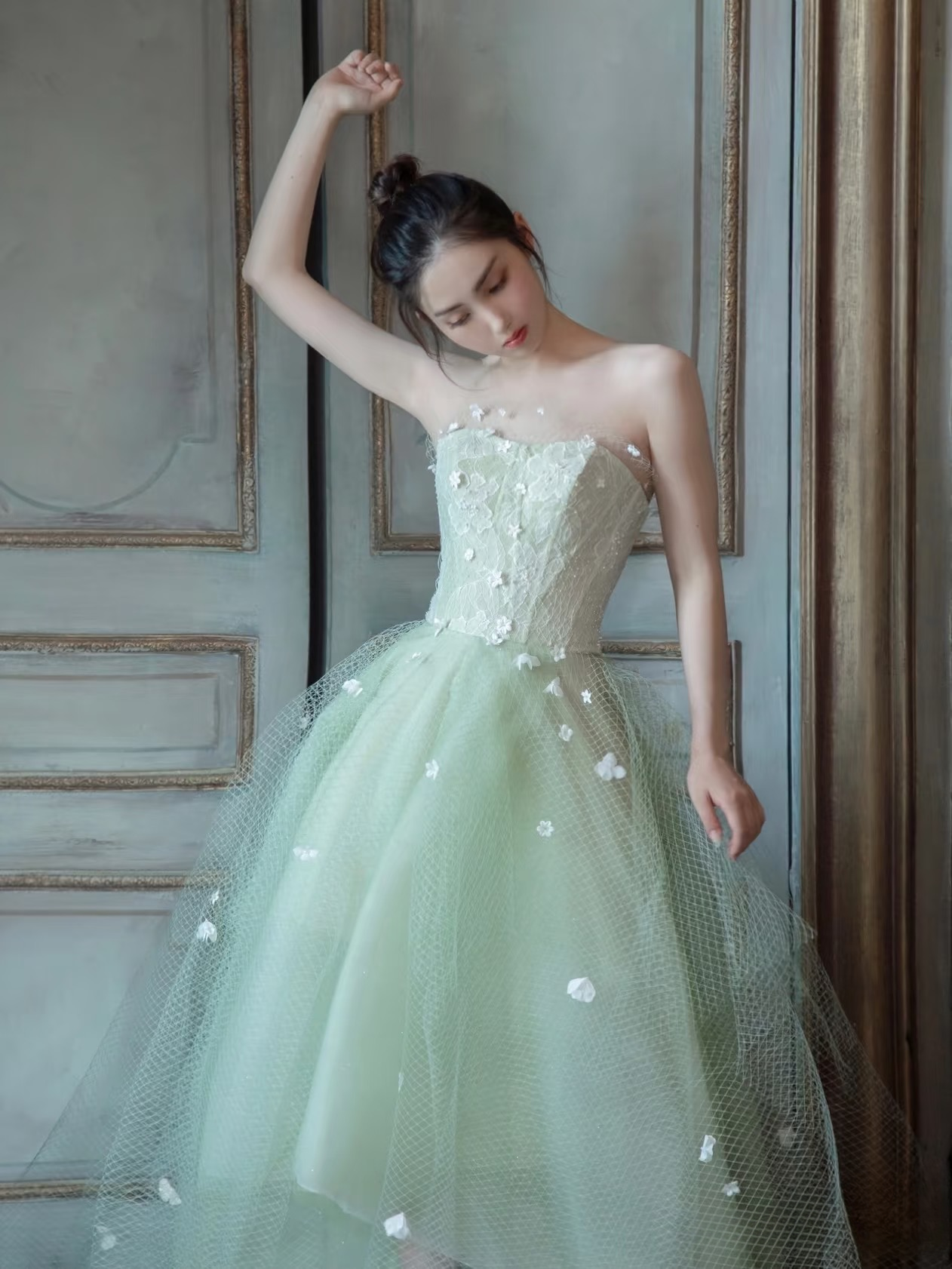 Elegant High Low Strapless Mint Green Tulle Prom Dresses Unique Party Formal Graduation Dress AU156